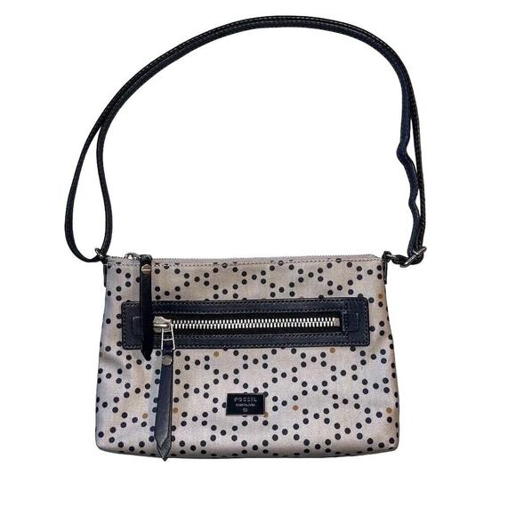 Fossil Dawson Polka Dot Crossbody Bag Purse Gray Navy Mustard Adjustable Strap - Picture 2 of 16